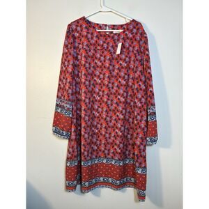 LOFT Red Floral Long Sleeve Shift Dress